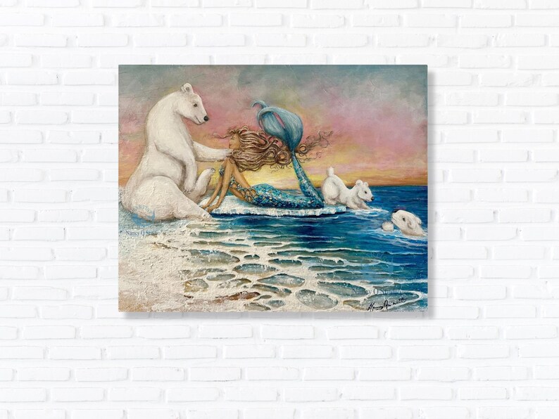 Mermaid polar bear original painting Arctic Ocean art on canvas gift for girl image 1