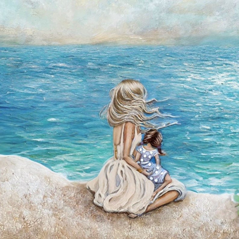 blonde mom brown hair daughter sitting on beach family love coastal wall art Bild 2