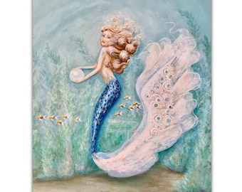 blonde mermaid art, under the sea coastal fantasy painting print, beach house decor