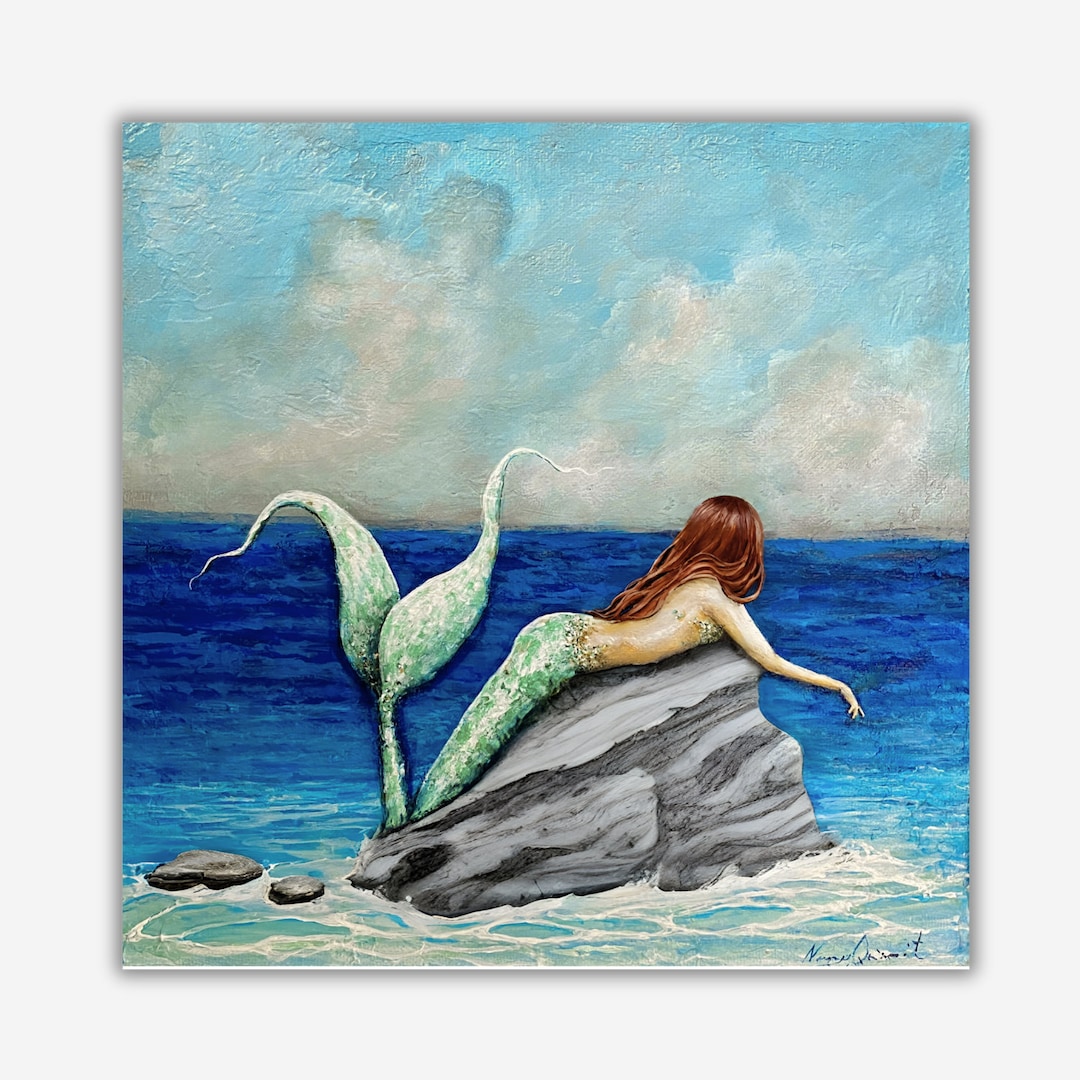 Beautiful Mermaid Laying on Ocean Rock Art Print From Painting - Etsy