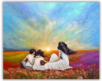 Mother son daughter in flowers sunset art print