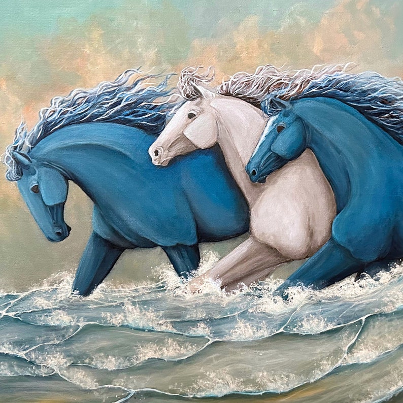running horses in ocean wave coastal art print image 2