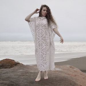 vintage 60s CROCHET Wedding DRESS | White Crochet Lace Caftan Maxi Boho Wedding Dress | Modest Styling