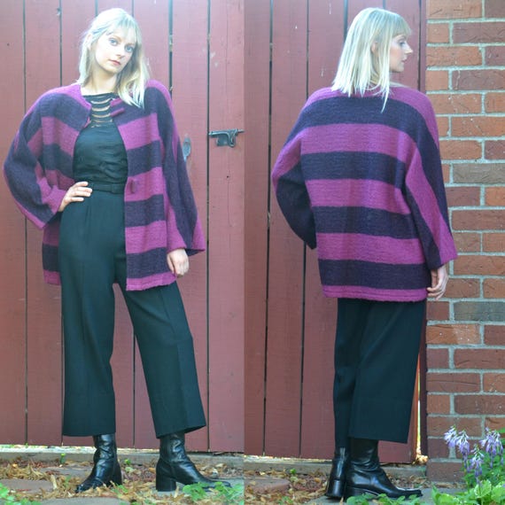 vintage 80s MOHAIR Sweater Coat | Purple Stripe Mo