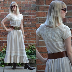 vintage 70s Crochet Lace Dress | Peasant Prairie Princess Cotton Gauze Boho Wedding Maxi Dress | Sheer Bodice