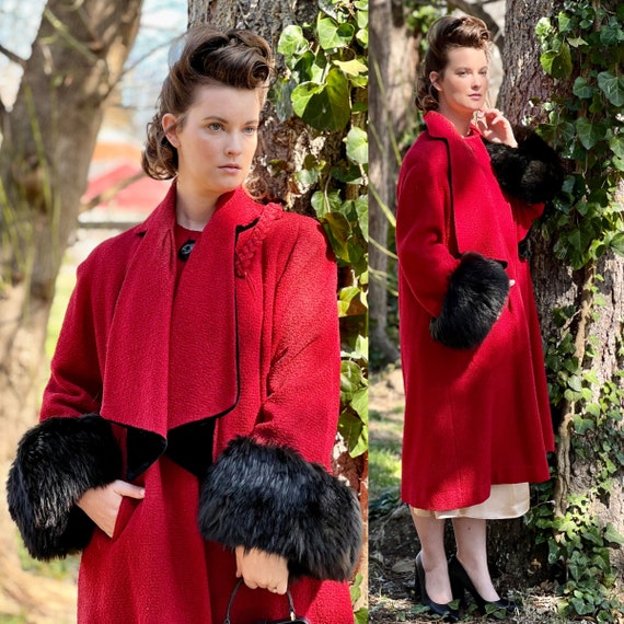 Bright red top fur coat