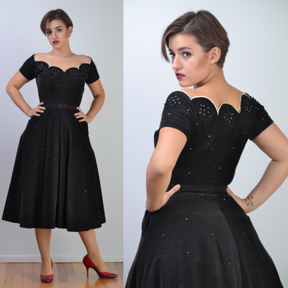 vintage 50s Party Dress | Black Lace + Rhinestone… - image 1