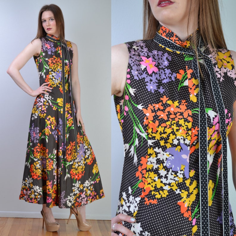 Cutest 1970s Geoffrey Beene Bazaar Mixed Floral & Dot Pattern Ruffle Dress