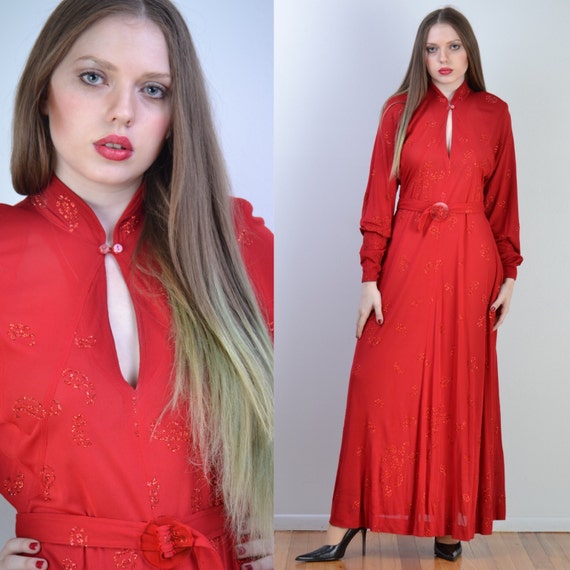 vintage 70s JEAN MUIR Maxi Dress | Red Paisley Gli