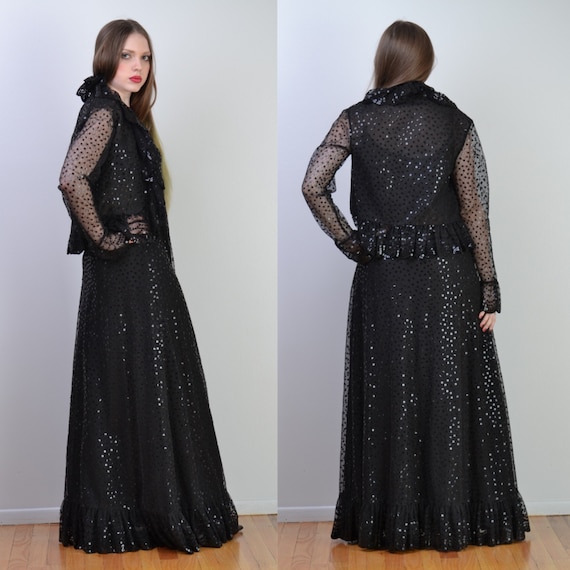 vintage 70s RUBEN PANIS Sequin Dress | Black Sequ… - image 2