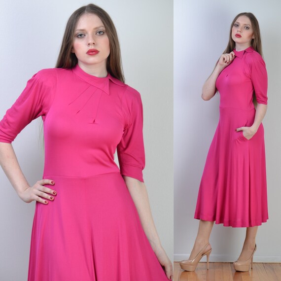 vintage 70s JEAN MUIR Maxi Dress | Hot Pink Rayon… - image 1