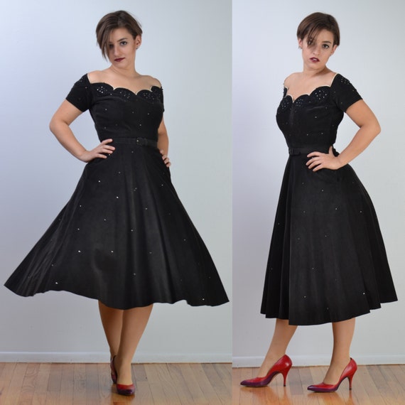 vintage 50s Party Dress | Black Lace + Rhinestone… - image 2