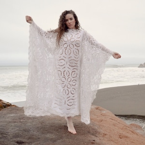 vintage 60s CROCHET Wedding DRESS | White Crochet Lace Caftan Maxi Boho Wedding Dress | Modest Styling