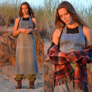 vintage 50s 60s WORKWEAR Denim Shop Apron | Distressed Long Jean Cotton Apron Dress | Maxi Shop Apron