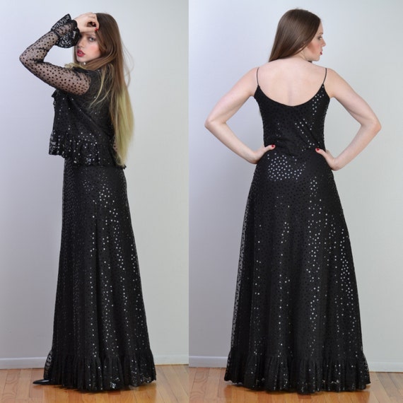 vintage 70s RUBEN PANIS Sequin Dress | Black Sequ… - image 3