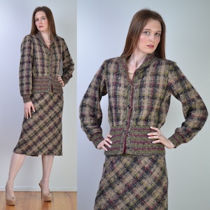vintage 70s MISSONI Sweater Dress Suit | Plaid Knitwear Skirt + Sweater Dress Jacket Coat | 2 Piece Suit