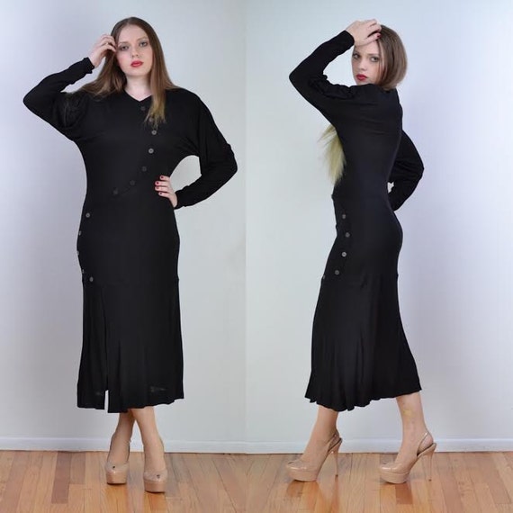vintage 70s JEAN MUIR Maxi Dress | Black Asymmetri
