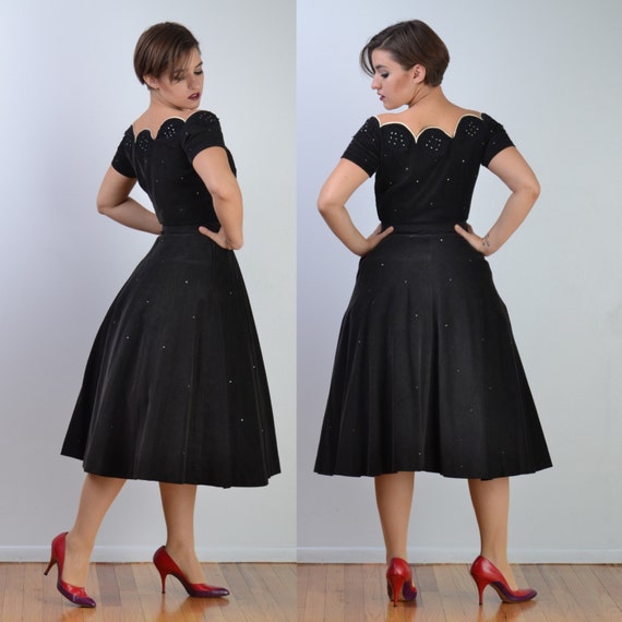 vintage 50s Party Dress | Black Lace + Rhinestone… - image 4