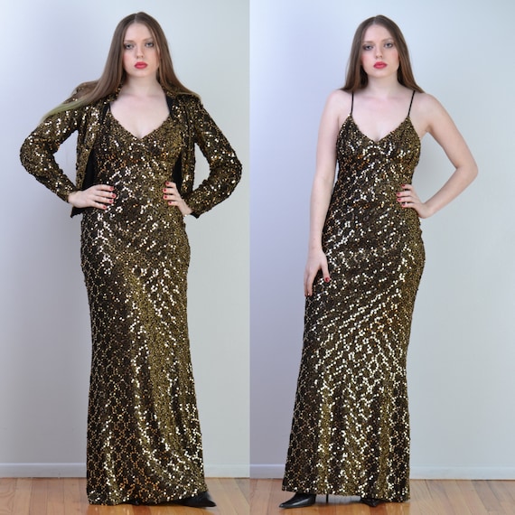 Vintage 70s Gold Sequin Dress Gold ...