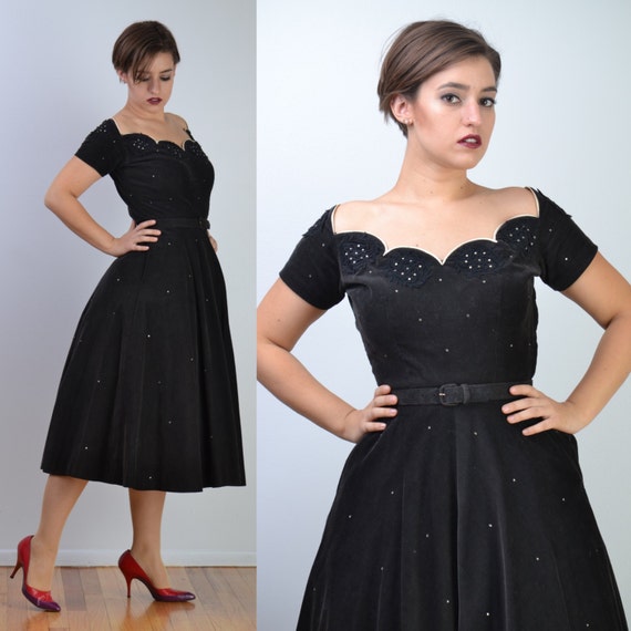 vintage 50s Party Dress | Black Lace + Rhinestone… - image 3