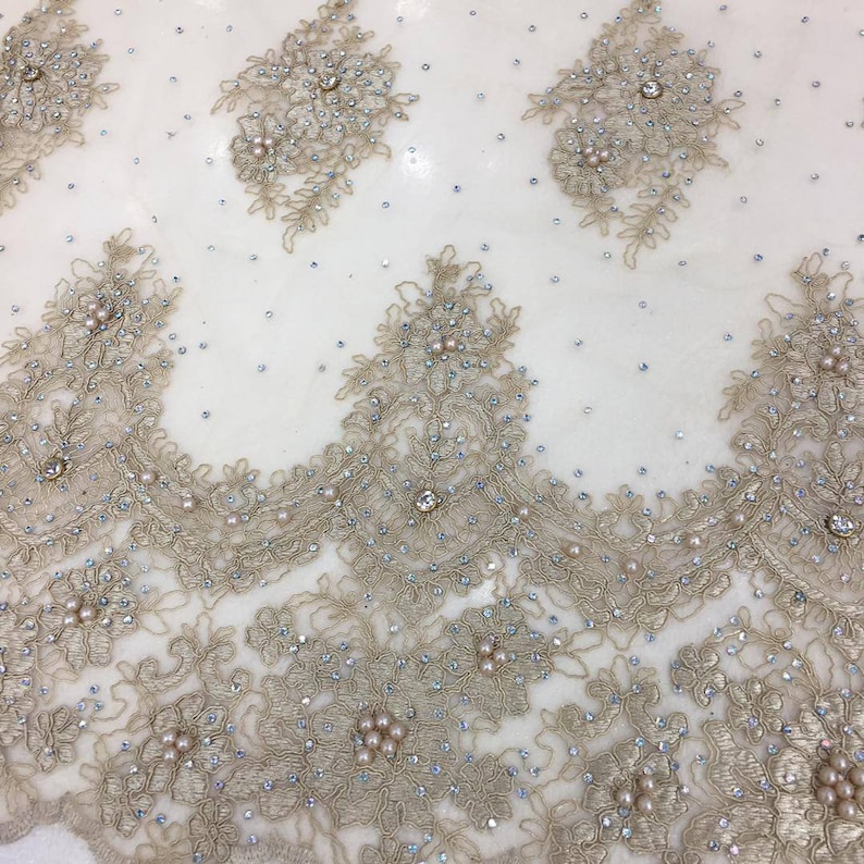 Gold color fabric Champagne lace embroidery beading