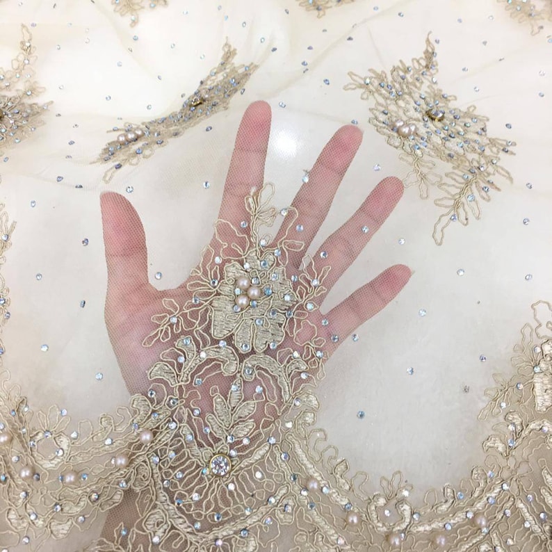 Gold color fabric Champagne lace embroidery beading