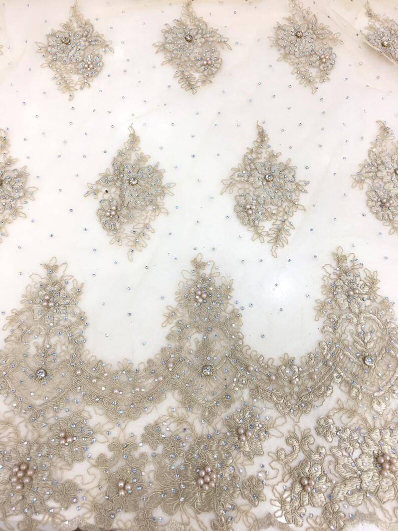 Gold color fabric Champagne lace embroidery beading