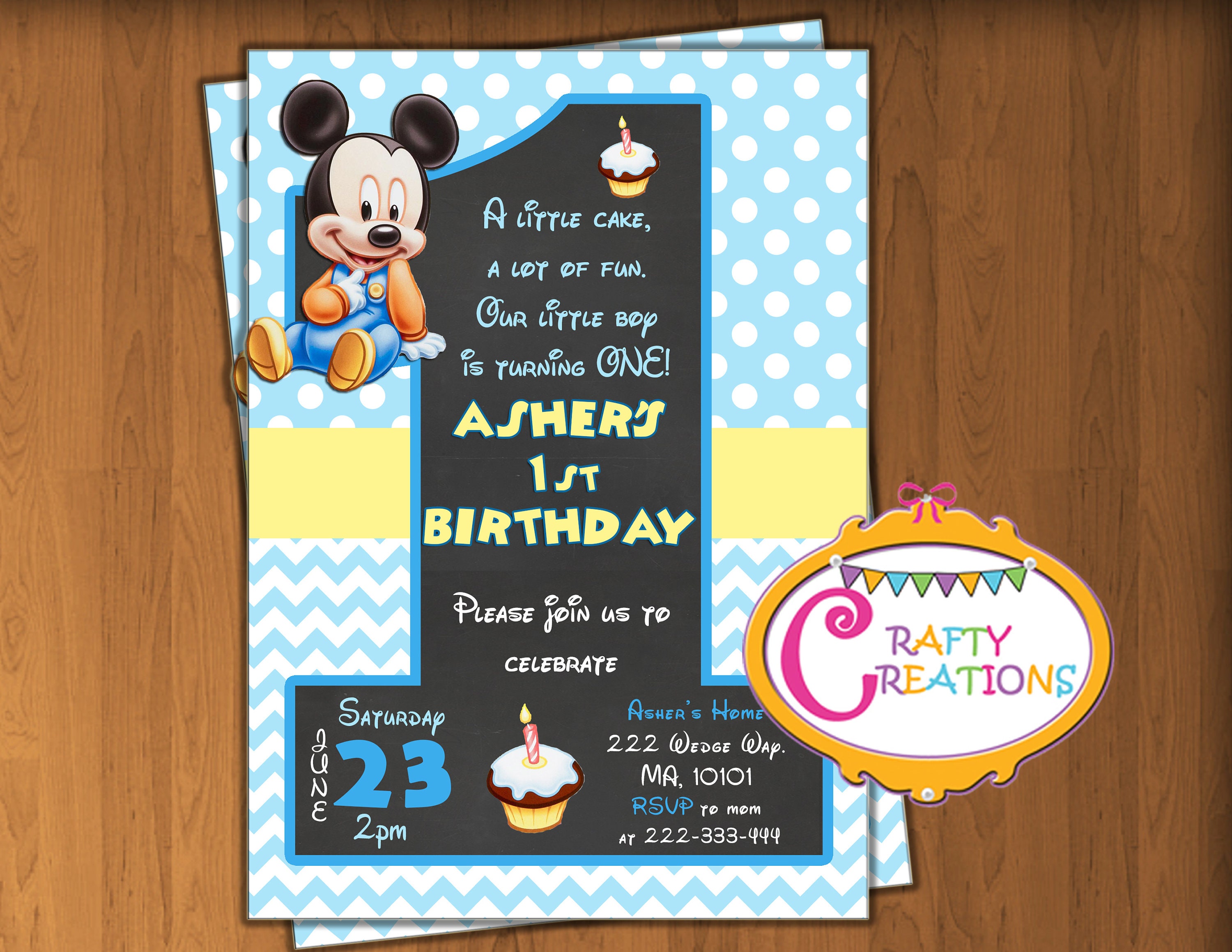 Baby Mickey Mouse First Birthday Invitation Mickey Mouse 1st Etsy