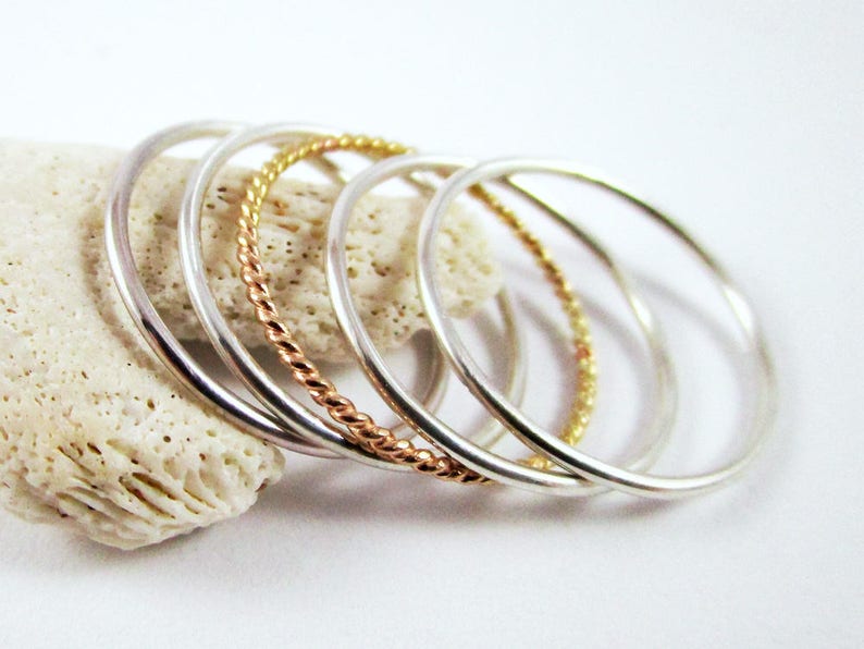 Set Stacking Ring Sterling Silver Rings Yellow Gold Filled Twisted Ring Gold Ring Great Stackable Ring Stacking Ring Thin Rings 5 rings