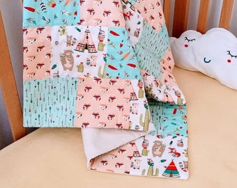 Woodland Baby Quilt, Patchwork Quilt, Bear Blanket, Fox Blanket, Baby Shower Gift, Baby blanket,
