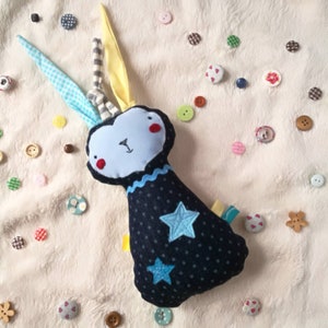 Lovey bunny, Stuffed bunny, fabric bunny, soft toy, rattle bunny, stuffed animal, handmade toy, newborn rattle toy, baby shower bunny.