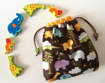 Jungle Design Drawstring bag, Brown Reusable bag, Drawtring pouch, Animal print kids bag, snack bag, multiporpuse bag, jungle gift bag