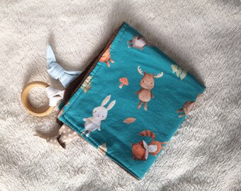 Mordedor de tela y madera, Juguete ecológico, diseño de animales del bosque, Manta de seguridad, juguete para bebés, Manta de juego, juguete de tela hecho a mano,