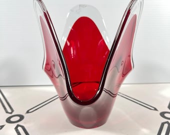 VTG Murano Style Ruby Red Handkerchief Art Glass Vase Mid-Century Modern 7.25"