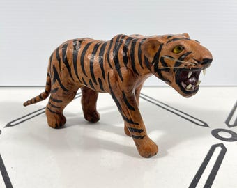 Vintage Handcrafted Leather Tiger Figurine Made in India Striped Animal Decor