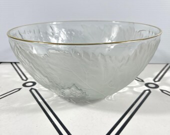 VTG KIG Indonesia Frosted Glass Leaf Grape Serving Bowl Gold Rim 11 Inch Round