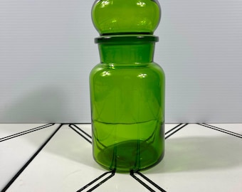 Vintage Belgium Green Glass Apothecary Jar Bubble Lid Canister ~8.5-9" Tall