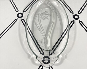VTG Anchor Hocking Clear Pressed Glass Oval Divided Relish Dish Floral Lily