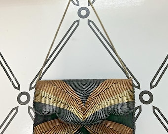 Regale LTD Vintage Beaded Evening Clutch Bag Gold Bronze Black Geometric Fan