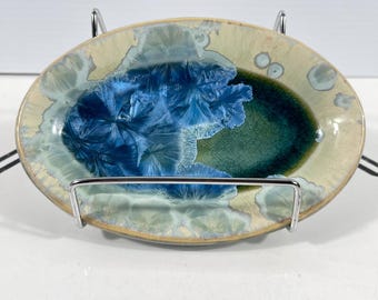 Aya Artisan Crystalline Glaze Oval Trinket Dish Blue Teal Handcrafted Pottery