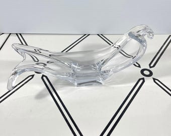 VTG Cofrac Art Verrier France Clear Crystal Winged Art Glass Bowl Centerpiece