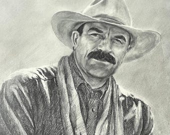 Hand Drawn Western Cowboy Art Signed Portrait Illustration Board Tom Selleck VTG
