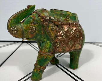 Vintage Elephant Statue Handcrafted Wooden Fitted Copper Armor Boho