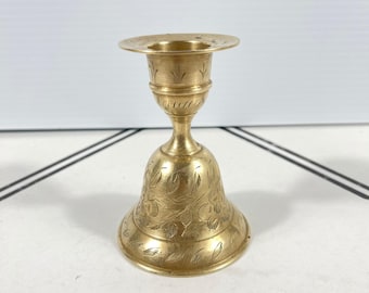 Vintage Etched Brass Bell Candle Holder Floral Hand Engraved Made in India