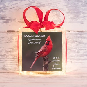 May include: A glass block with a red cardinal perched on a branch. The block is illuminated with white lights and has a red ribbon tied around it. The text on the block reads "When a cardinal appears in your yard it's a visitor from Heaven."