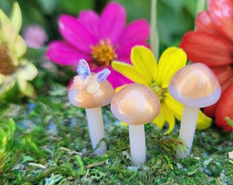 Translusent Gold Mushrooms | Tiny Butterfly |Fairy Garden |Terrarium | Miniature Mushrooms