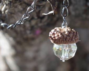 May include: A silver chain necklace with a brown acorn charm and a clear crystal pendant.