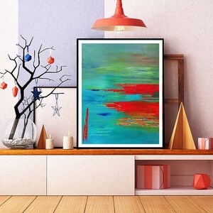 Abstract Landscape Teal Canvas Art Turquoise Red Paintings PRINTS WALL ART Home Decor Unique Gifts Prints Giclee Painting Colorful Abstract image 7