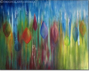 Large Acrylic Floral Canvas Wall Art ABSTRACT GARDEN ART Rainbow Flowers Paintings Modern Fine Art Home Decor Original Couples Gifts 36x28