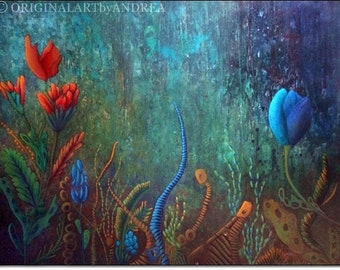ORIGINAL HOME DECOR Colorful Painting Teal Red Gold Blue Orange Landscapes Tribal Nature Abstract Canvas Large Wall Decor Gifts Wild Flowers